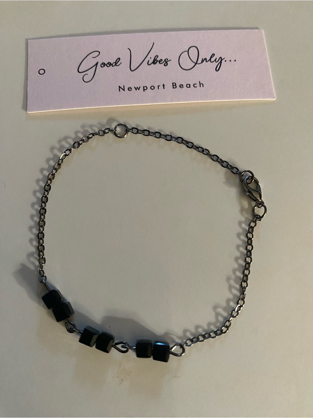GOOD VIBE ONLY Gunmetal fine chain with Black Cube Beaded Chain Bracelet! 8”